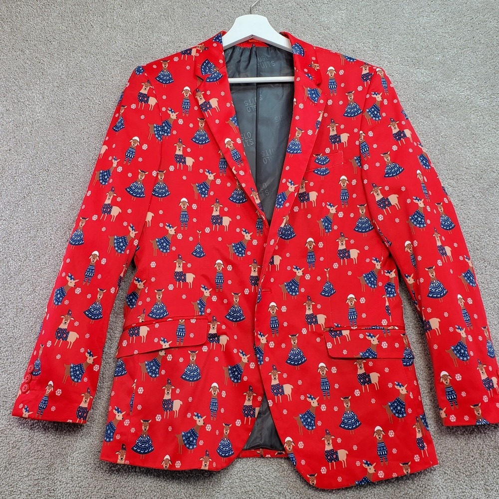 Suslo Couture Blazer Jacket Mens M/40 Red Christmas Llama Slim Fit Notch Lapel